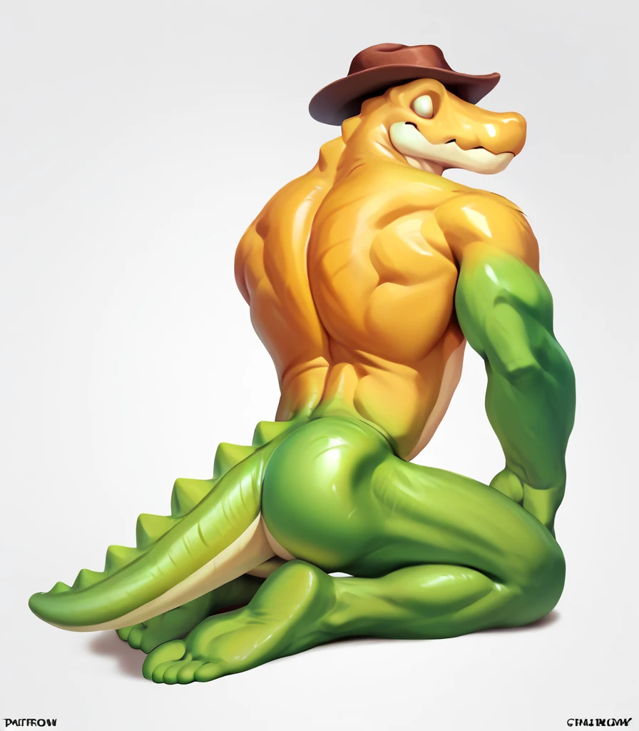 (((Detailed anatomy, detailed eyes, detailed body detailed face, best quality, detailed shading, high resolution))), solo, 1male, Gummigoo, gummy alligator, brown cowboy hat, adult body, muscle body, yellow top gummy body, green low gummy body, tail, white eyes, humping butt, butt, on the white background, by Buta99, by Zackary911, chune, muscular male.