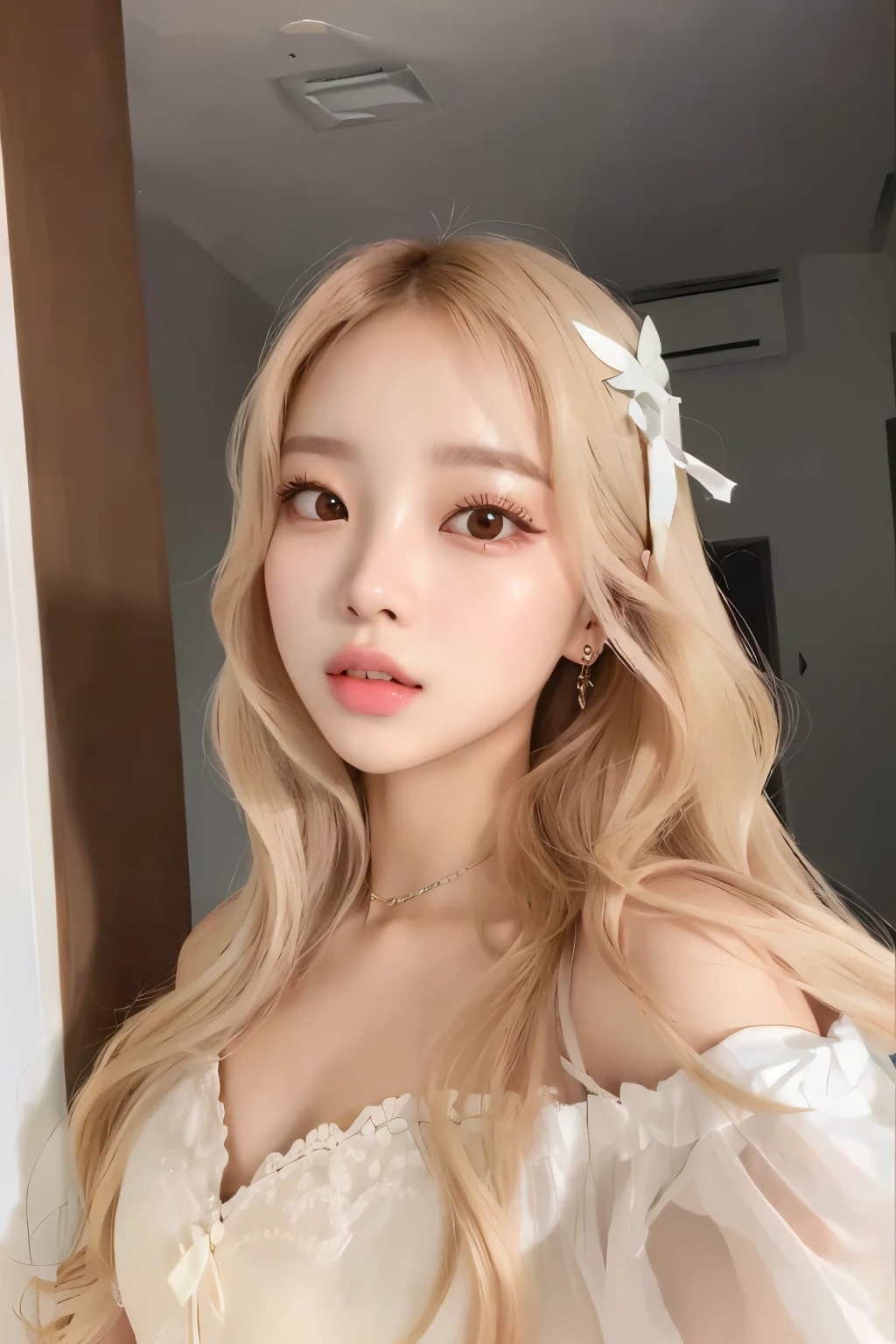 uma mulher com longos cabelos loiros usando um vestido branco, lalisa manobal, maquiagem sul-coreana popular, maquiagem coreana popular, parque roseanne de blackpink, linda jovem coreana, linda mulher sul-coreana, coreana, young lovely korean face, linda jovem coreana, adorable and pale korean face, longos cabelos loiros e olhos grandes