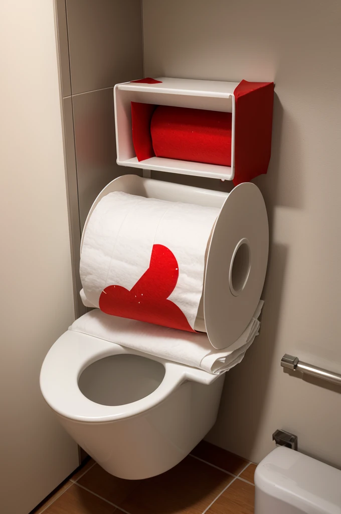 Toilet paper roll in the bathroom with several red virus-shaped particles 