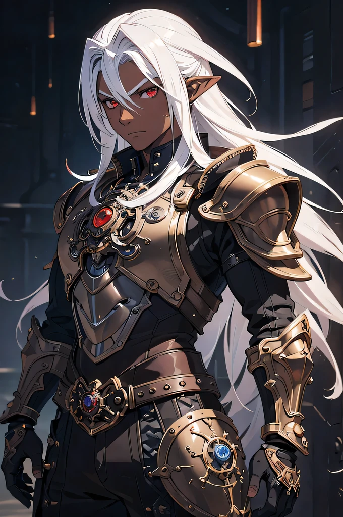 ((best quality)), ((masterpiece)), (detailed), ((boy)), ((mechanical armor)), (steampunk), (serious), dark skinned, human, upper body, portrait, red eyes, long white hair, Xemnas from Kingdom Hearts, half-drow, pointy ears, serious face, similar image