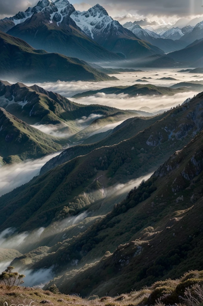 a stunning landscape of Fiordland, New Zealand, dramatic mountain peaks, pristine lakes, lush green forests, fog-shrouded valleys, picturesque waterfalls, dramatic skies with moody lighting, (best quality,8k,highres,masterpiece:1.2),ultra-detailed,(realistic,photorealistic,photo-realistic:1.37),award winning landscape photography,cinematic composition,intricate details,vivid colors,stunning natural scenery,dramatic lighting,epic scale,serene atmosphere,awe-inspiring vistas