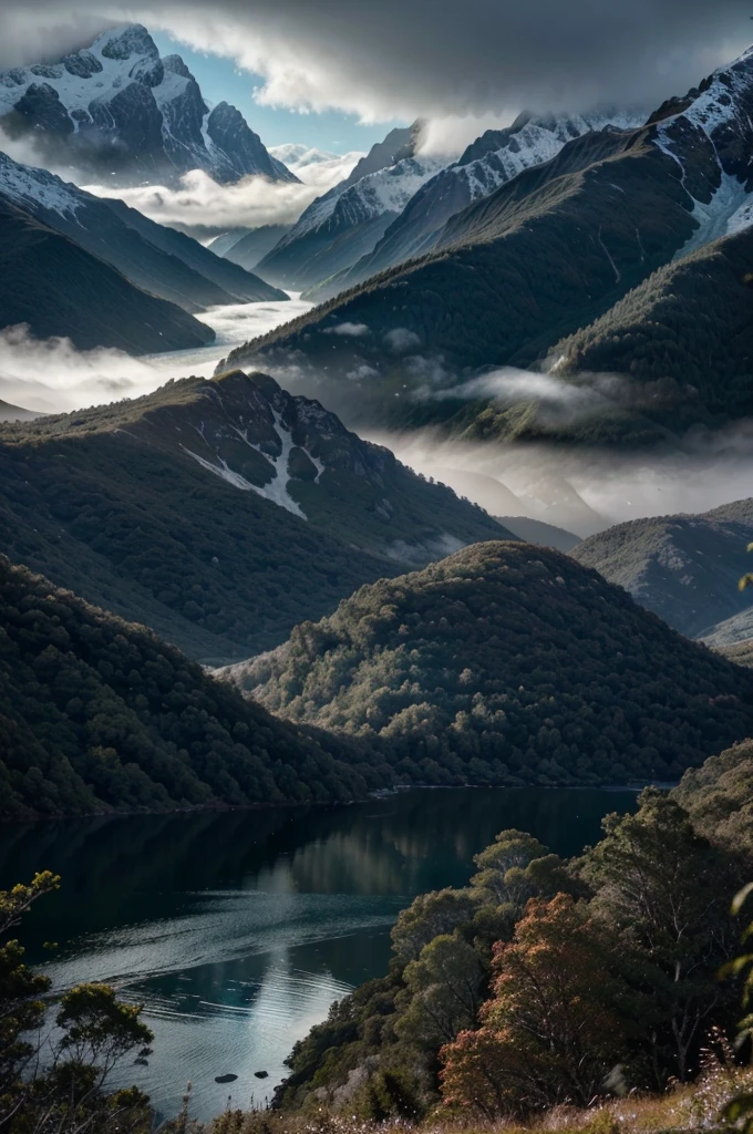 a stunning landscape of Fiordland, New Zealand, dramatic mountain peaks, pristine lakes, lush green forests, fog-shrouded valleys, picturesque waterfalls, dramatic skies with moody lighting, (best quality,8k,highres,masterpiece:1.2),ultra-detailed,(realistic,photorealistic,photo-realistic:1.37),award winning landscape photography,cinematic composition,intricate details,vivid colors,stunning natural scenery,dramatic lighting,epic scale,serene atmosphere,awe-inspiring vistas