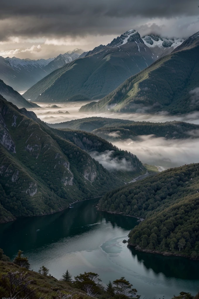 a stunning landscape of Fiordland, New Zealand, dramatic mountain peaks, pristine lakes, lush green forests, fog-shrouded valleys, picturesque waterfalls, dramatic skies with moody lighting, (best quality,8k,highres,masterpiece:1.2),ultra-detailed,(realistic,photorealistic,photo-realistic:1.37),award winning landscape photography,cinematic composition,intricate details,vivid colors,stunning natural scenery,dramatic lighting,epic scale,serene atmosphere,awe-inspiring vistas