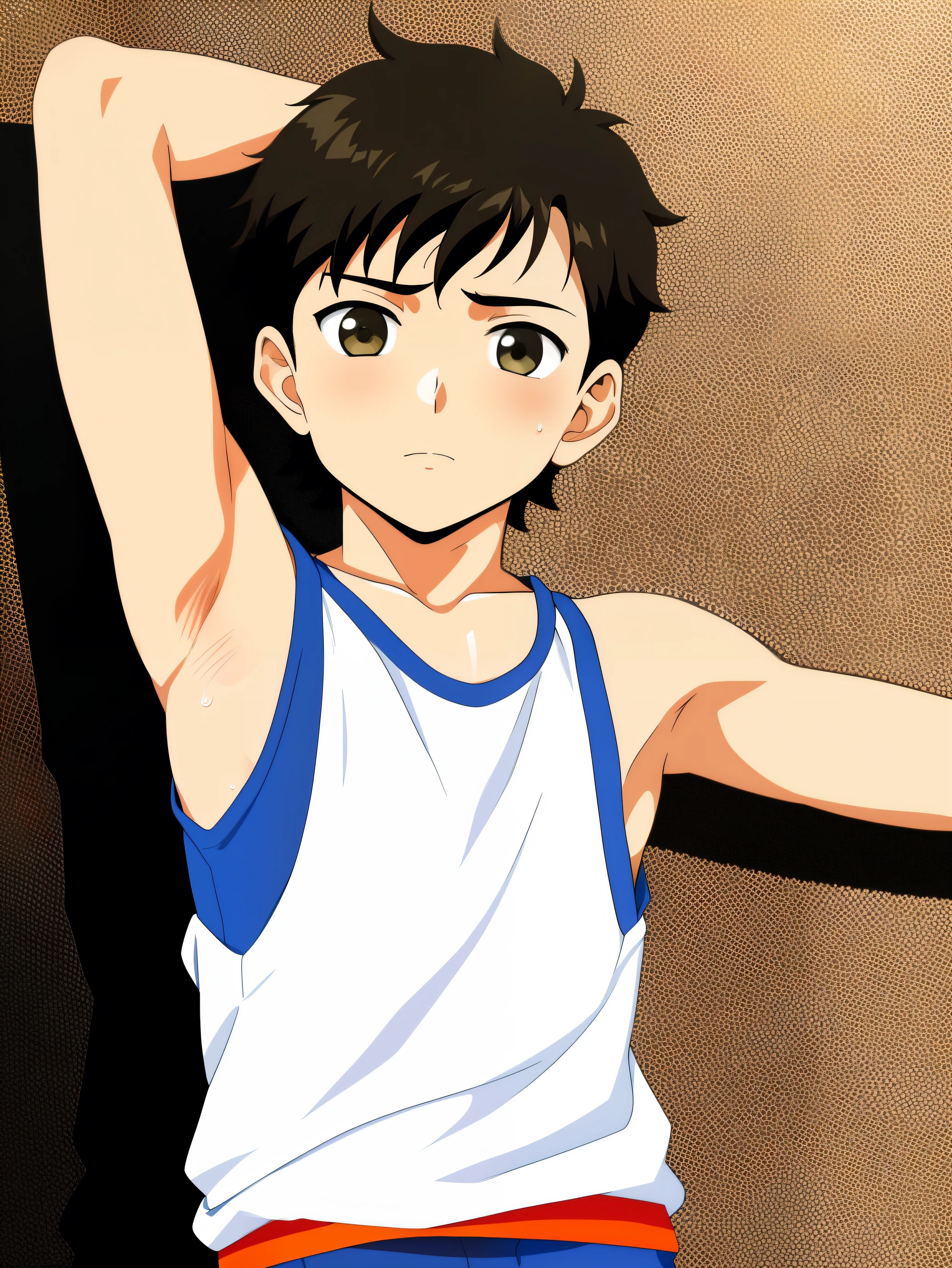 Highres, Masterpiece, Best quality at best,Best Quality,hight quality, hight detailed, Anime style, 1boy, Shota, Tie, Sleeveless vest, cafe, Seen from the front, look at viewer, (very young boy), (very small and short body), 12-year-old boys, Such a cute smooth armpit, The boy is very tempting, Cute armpit, sexy armpit, beautiful armpits, seductive armpits, a Boy cutely shows his armpit, hansome boy, Sweat, Uhd, 4k wallpaper