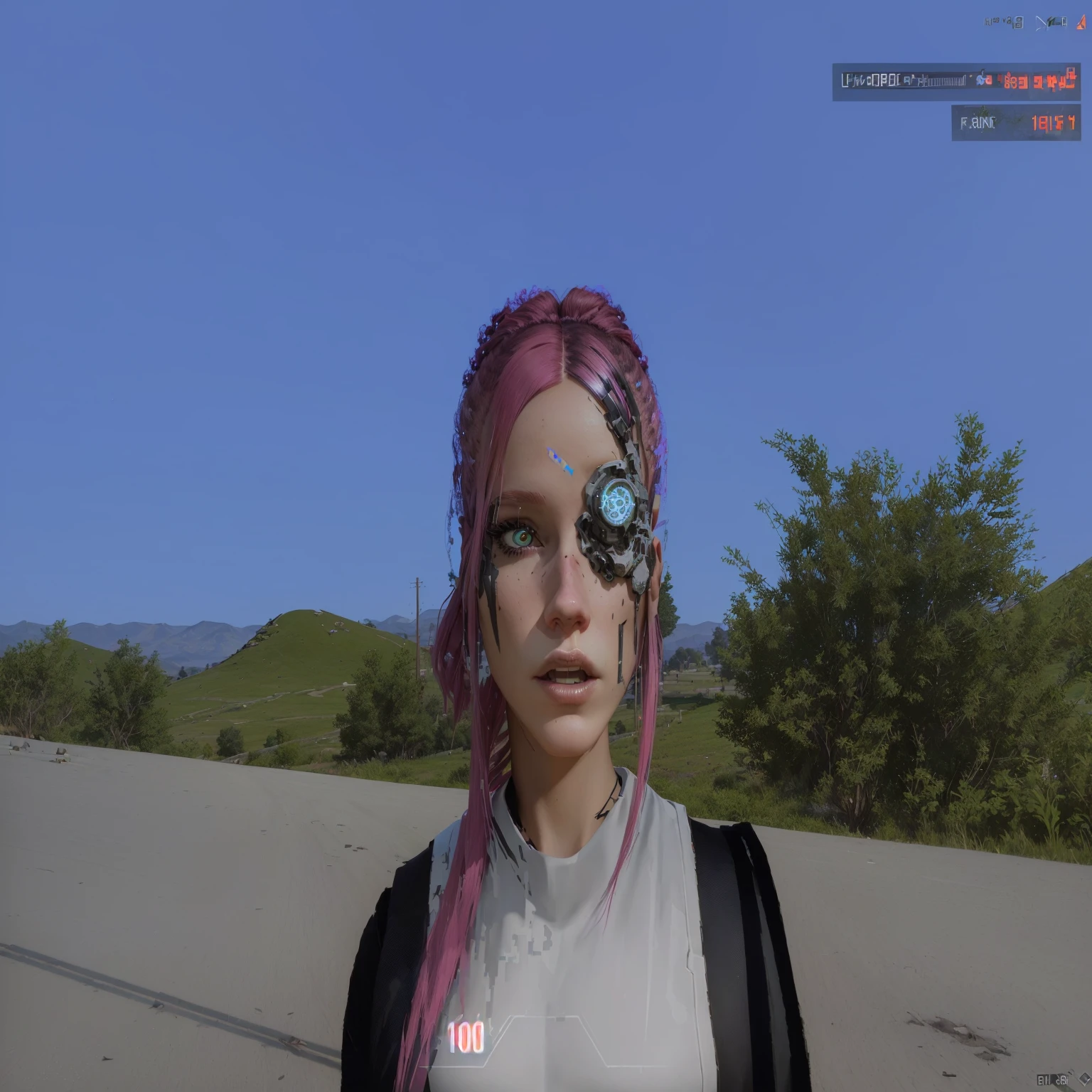arafed woman with pink hair and a skull on her face, in game, glitch effects over the eyes, unreal 5. rpg portrait, in - game, in-game, second life avatar, on realistic hud, in the cyberpunk countryside, photorealistic screenshot, cybernetic machine female face, glitchpunk girl, fashion gameplay screenshot, real detailed face