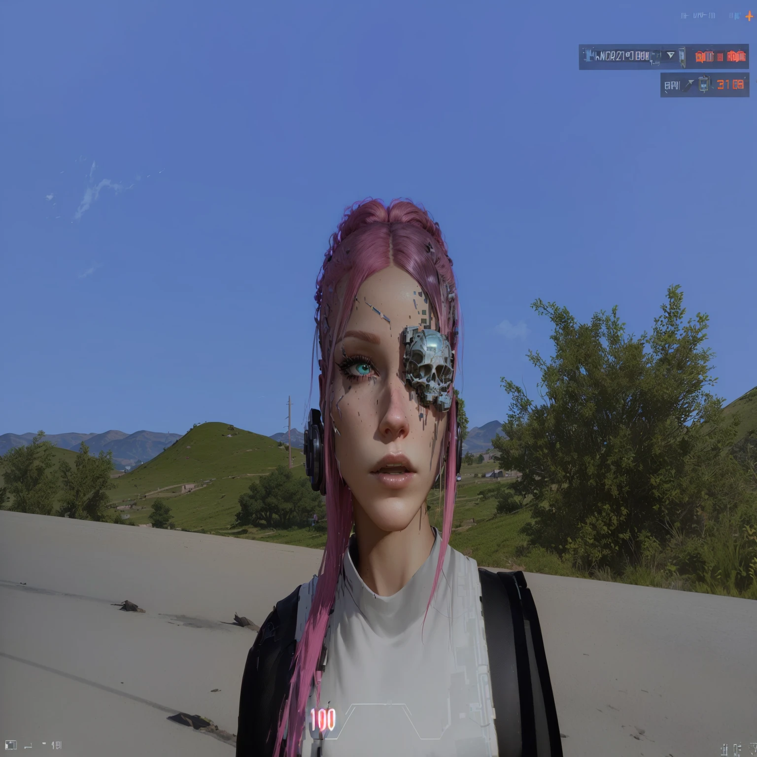 arafed woman with pink hair and a skull on her face, in game, glitch effects over the eyes, unreal 5. rpg portrait, in - game, in-game, second life avatar, on realistic hud, in the cyberpunk countryside, photorealistic screenshot, cybernetic machine female face, glitchpunk girl, fashion gameplay screenshot, real detailed face
