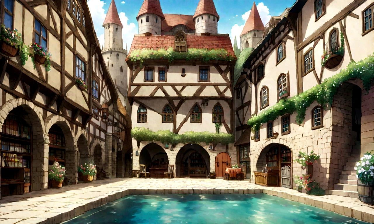 indoor, anime,An illustration, fantasy capital city, Ghibli Studio, Cafe style, Flowers in a flowerpot, Lots of flowers,indoorに石畳, indoorに幻想的な小さい池, Medieval city,I can see the castle outside my window, Elf Room, Bookshelf, Pool,Clear water in the sunlight, Stacked books, Medieval cityの背景, Fantastic cityscape,anime ファンタジー アート, Medieval landscape of the city, Background of the Renaissance port city, Bookshelf, Researcher