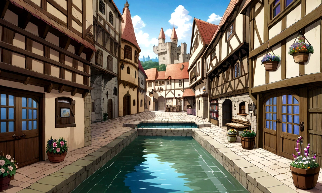 indoor, anime,An illustration, fantasy capital city, Ghibli Studio, Cafe style, Flowers in a flowerpot, Lots of flowers,indoorに石畳, indoorに幻想的な小さい池, Medieval city,I can see the castle outside my window, Elf Room, Bookshelf, Pool,Clear water in the sunlight, Stacked books, Medieval cityの背景, Fantastic cityscape,anime ファンタジー アート, Medieval landscape of the city, Background of the Renaissance port city, Bookshelf, Researcher