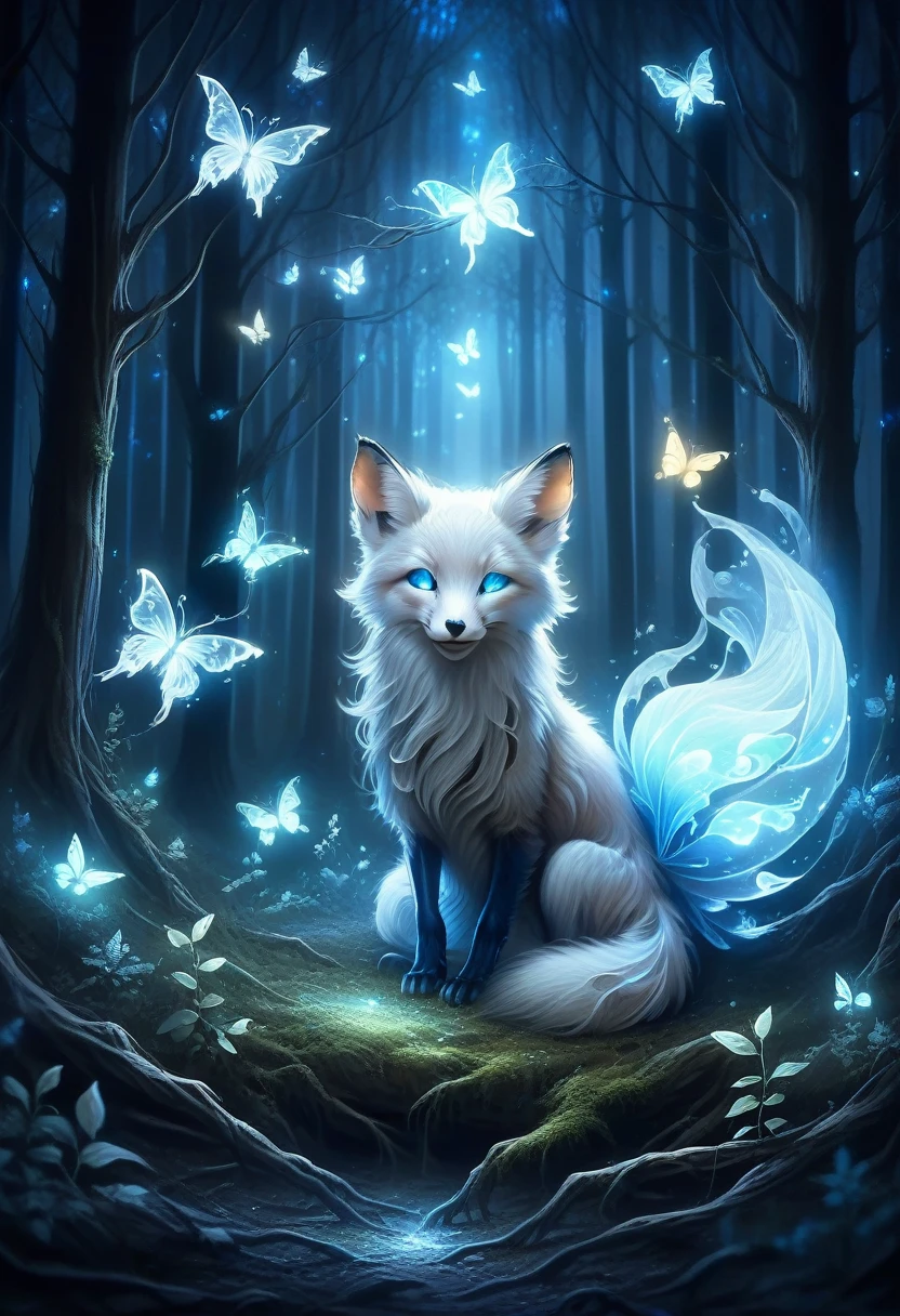 spirit animal, score_9, score_8_consolation, score_7_consolation, score_6_consolation, score_5_consolation, score_4_consolation, ethereal ghost baby fox, Beloved, cartoon character, glowing blue eyes, glowing butterflies, fantasy forest at night time, realistic, very detailed, There are no humans