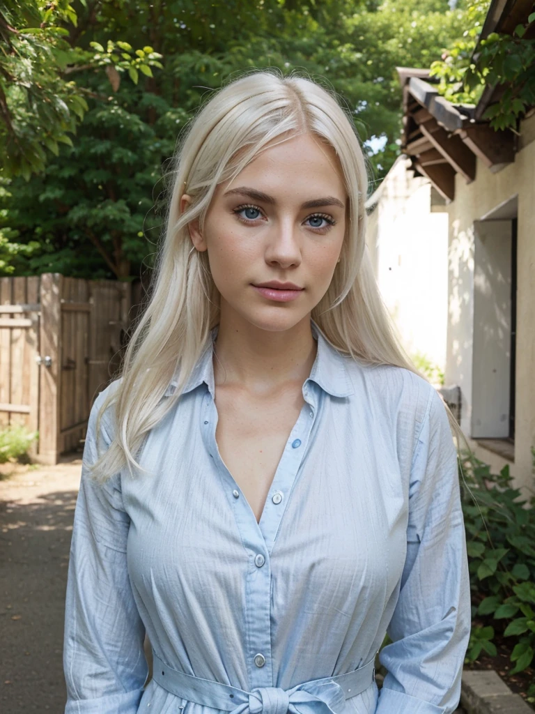 white northerner with platinum blonde hair, platinum subtle natural eyebrows and blue eyes. Fully dressed. No make up, selfie in the outdoor. super realistic and detailed