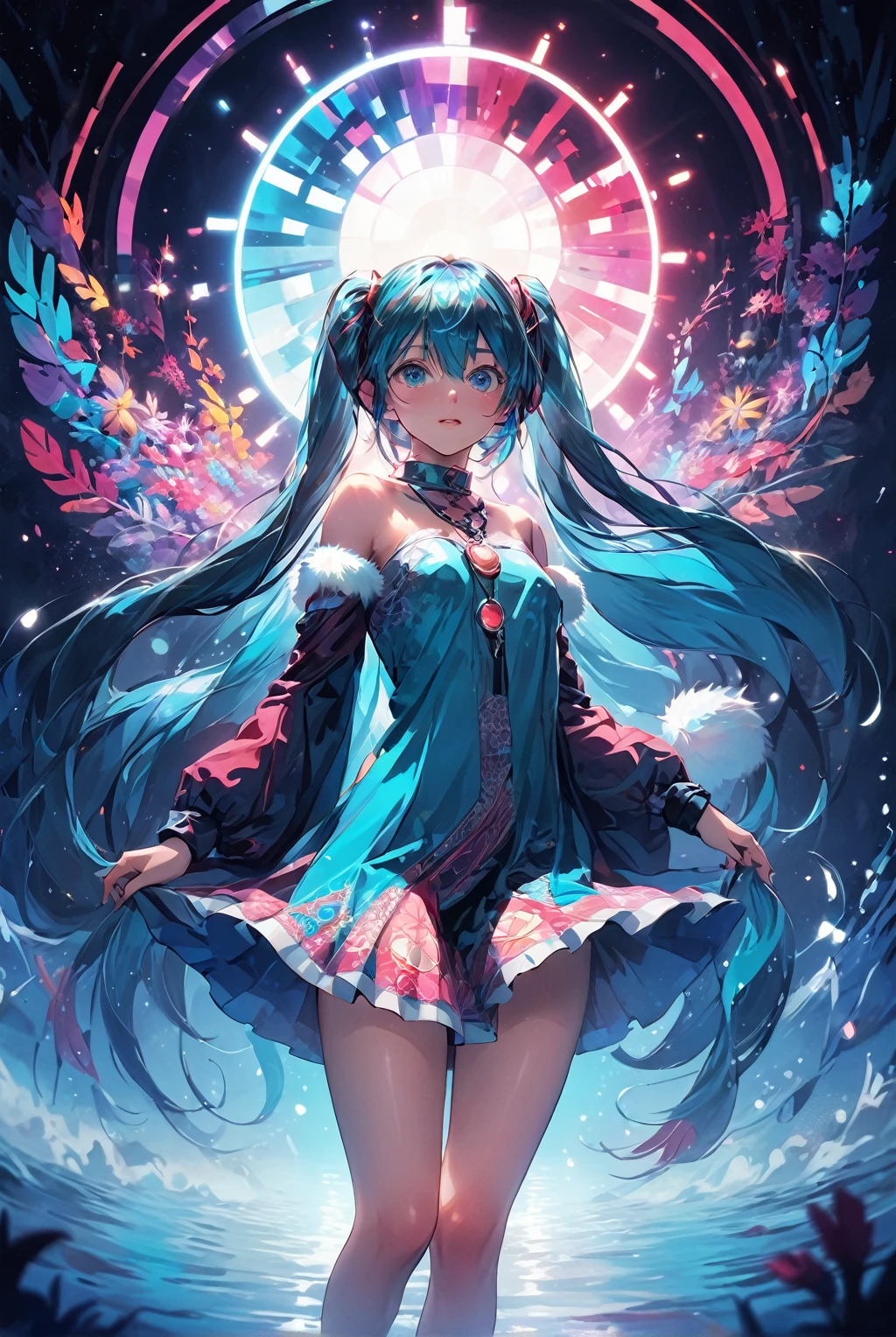 (Highest quality, 4K, 8k, High resolution, masterpiece:1.2), Super detailed, (Realistic, photoRealistic, photo-Realistic:1.37), expressive aesthetics, 1960s counterculture, Brightly colored humanoids, Psychedelic Art, Retro art style, Crisp details, abstract pattern, , , , , , , Psychedelic Background, Fractal Art, Multicolored neon lights, A unique and trippy perspective, landscape, Hallucinations, a mind-changing experience, Motion Blur, Fluid movement, Synthesizer Sounds, Realistic fur rendering, Rich and vibrant color palette, , Mysterious glow, high contrast lighting, , , One girl, alone, , , , , , , gleaming skin, , , wrist cuffs, , , , , red cheek, , , , , , Nipples, , , pussy, , Shiny rosy lips, Sexy posture, dynamic pose,Lens flare, Hatsune Miku, latex, Upturned eyes, Obedient, Drooling, orgasm