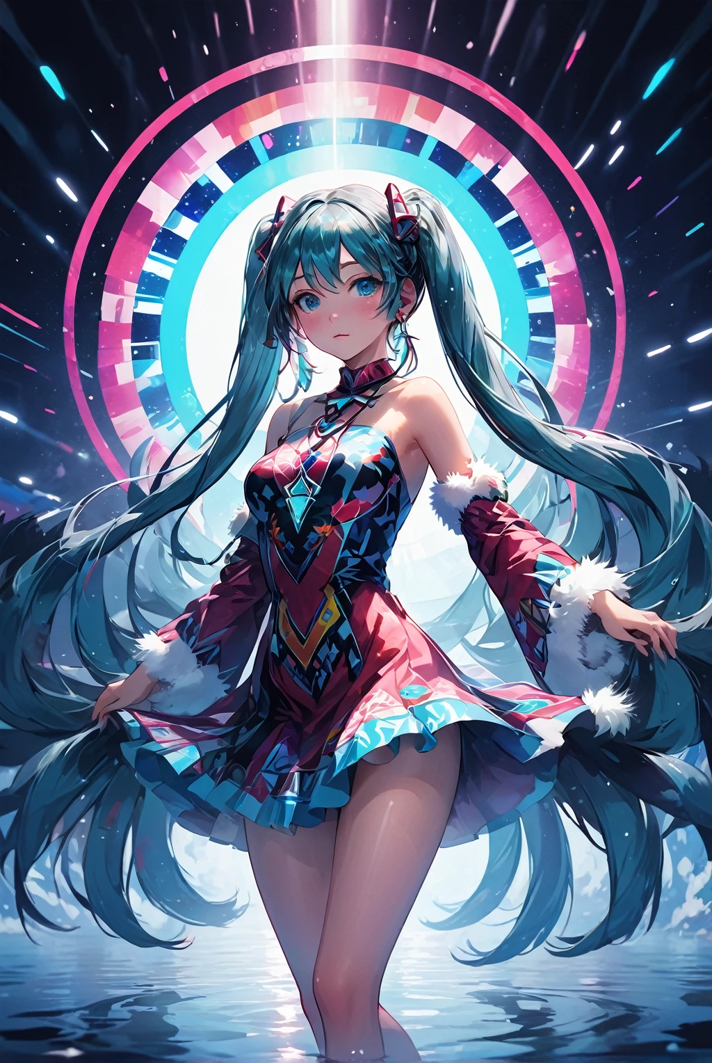 (Highest quality, 4K, 8k, High resolution, masterpiece:1.2), Super detailed, (Realistic, photoRealistic, photo-Realistic:1.37), expressive aesthetics, 1960s counterculture, Brightly colored humanoids, Psychedelic Art, Retro art style, Crisp details, abstract pattern, , , , , Succubus Power, , Psychedelic Background, Fractal Art, Multicolored neon lights, A unique and trippy perspective, landscape, Hallucinations, a mind-changing experience, Motion Blur, Fluid movement, Synthesizer Sounds, Realistic fur rendering, Rich and vibrant color palette, , Mysterious glow, high contrast lighting, , , One girl, alone, , , , , , , gleaming skin, , , wrist cuffs, , , , , red cheek, , , , , , Nipples, , , pussy, , Shiny rosy lips, Sexy posture, dynamic pose,Lens flare, Hatsune Miku, latex