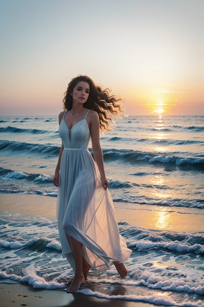 A lady spinning on the beach wearing a white gown, open curly hair, soft waves, sunrise, overall grey and blue theme. Watercolour effect, far away,
