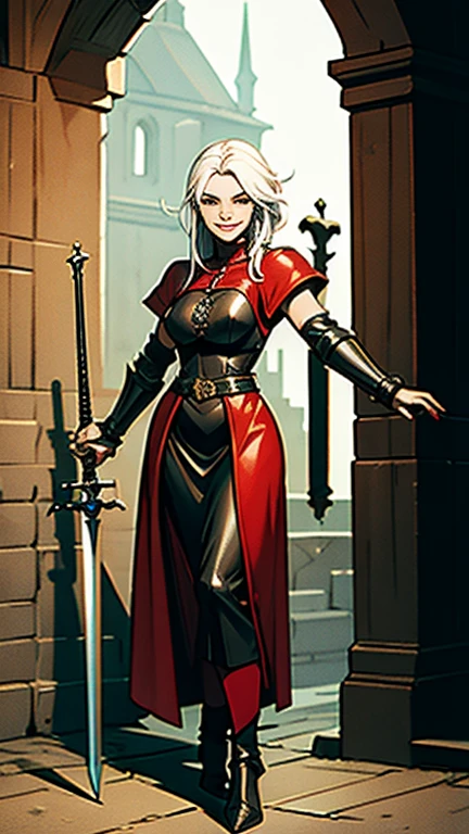 medieval rouge, girl, full body, amputated arm, feat, white hair, fit, 18, smiling, holding a sword, wearing medieval leather armor 