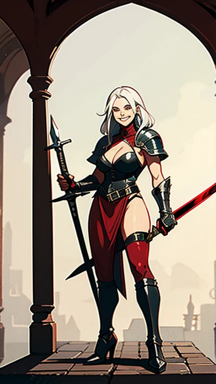 medieval rouge, girl, full body, amputated arm, feat, white hair, fit, 18, smiling, holding a sword, wearing medieval leather armor