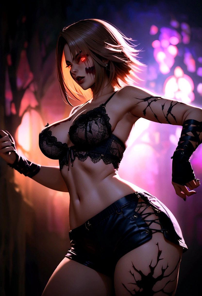 girl, rotting zombie warrior, yuna ffx, evil look, sexy, sheer lace bra, medium saggy breasts, demonic lace panty shorts, pubic hair, curvy hips, facepaint, bodypaint, glowing eyes, combat stance, vibrant appearance, creative sexual behavior, imaginative, sensual, spontaneous, highest quality, skin texture, demon infested war backdrop, intricate details, (cinematic lighting), RAW photo, 8k