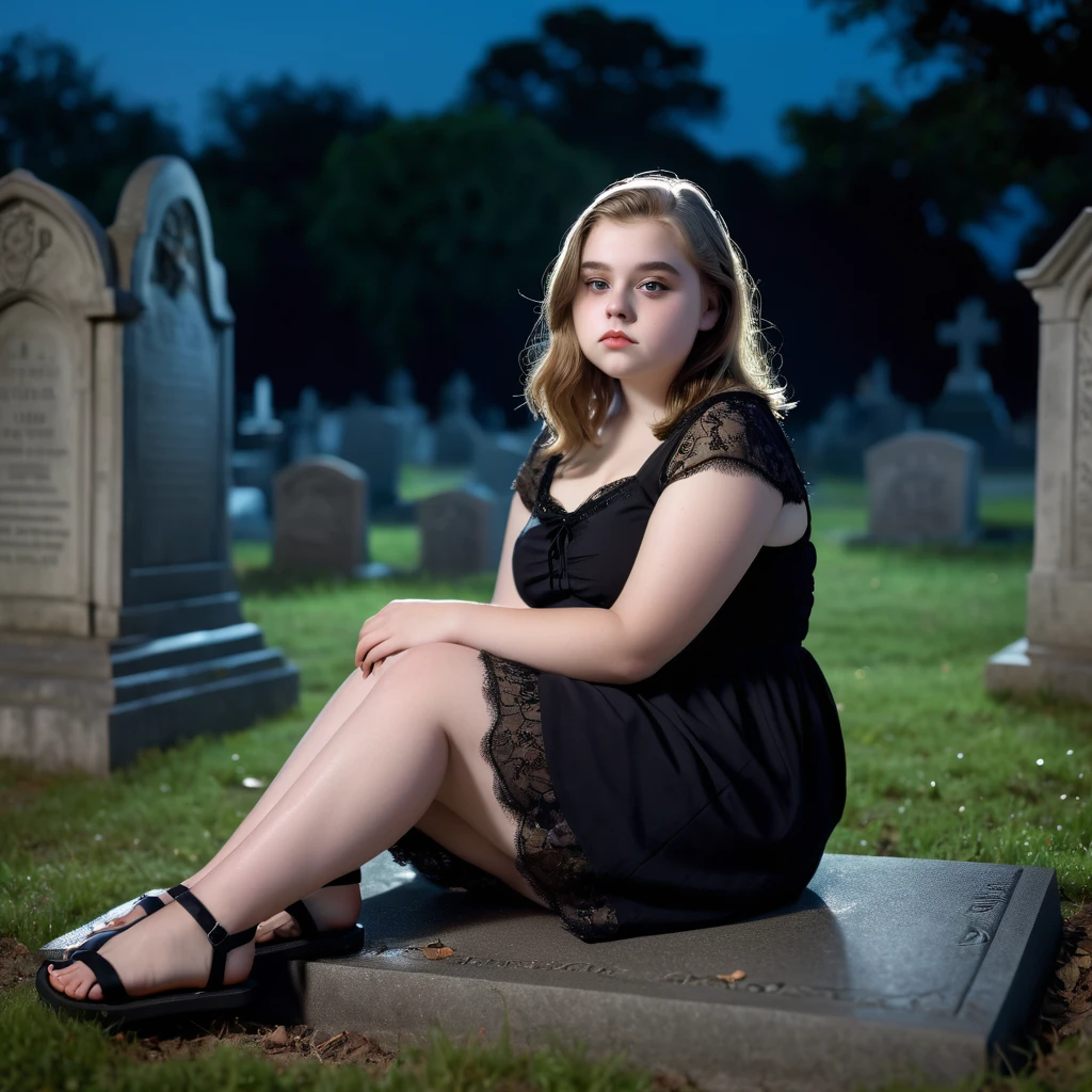 (masterpiece), (extremely intricate:1.3), (realistic), photo of a a bit chubby charming pale polish teen girl wearing a short black dress and black flip flops, (she sits on a grave), spooky graveyard at night, professional photograph of a stunning teen girl detailed, sharp focus, dramatic, award winning, cinematic lighting, volumetrics dtx, (film grain, blurry background, blurry foreground, bokeh, depth of field, night, motion blur:1.3), 4k, 8k, hd, hdr