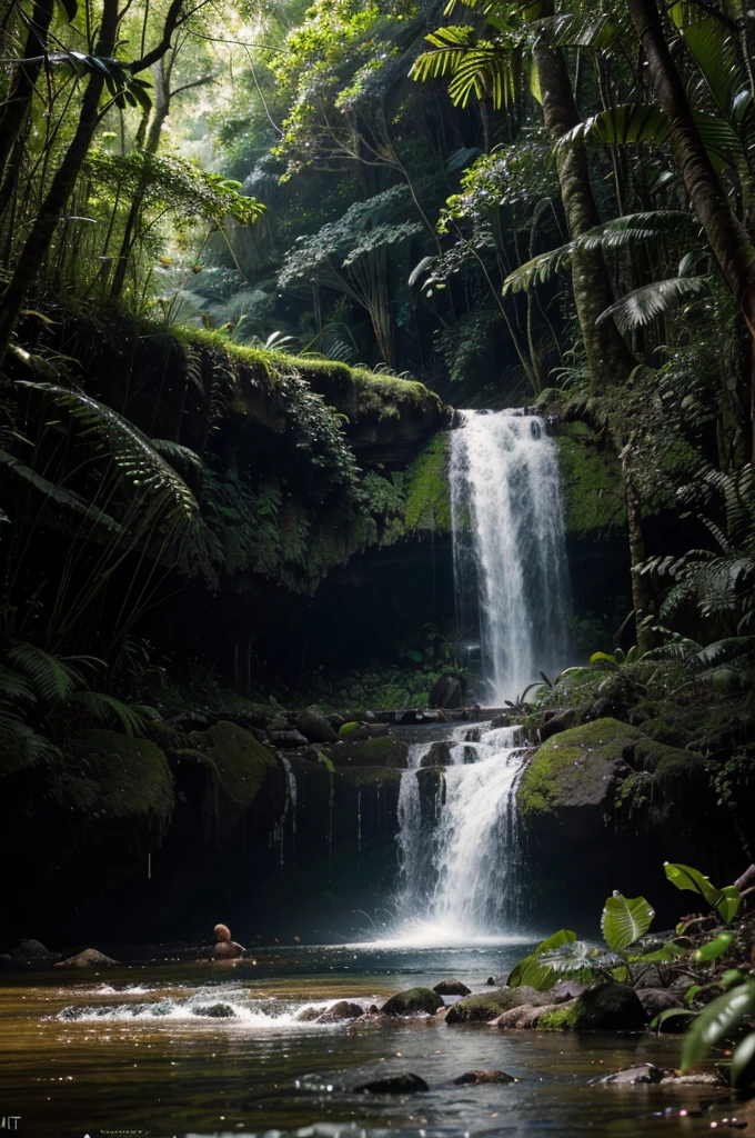 a lush tropical rainforest in Daintree National Park, Queensland, Australia,dense foliage,ancient trees,winding rivers,cascading waterfalls,sunlight filtering through the canopy,diverse wildlife,colorful birds,butterflies,reptiles,pristine wilderness,stunning natural beauty,(best quality,8k,highres,masterpiece:1.2),ultra-detailed,(realistic,photorealistic,photo-realistic:1.37),vibrant colors,dynamic lighting,cinematic composition,award-winning landscape photography