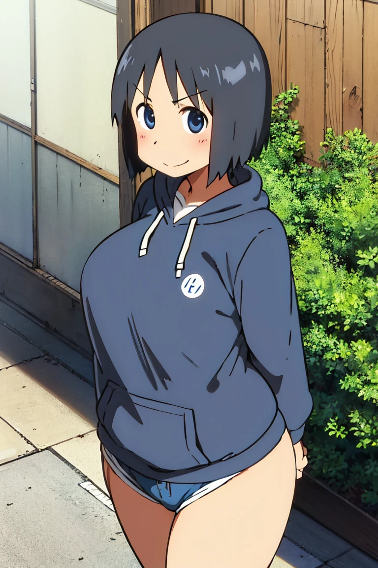 Kyoto animation, female, short hair, middle parted hairstyle, black hair, dark blue eye, cute face, thick eyebrows, big breast, sexy butt, slim body, sexy thigs, dark blue and white hoodie, short pants above thigs, brave smile, 90s style, solo, one person