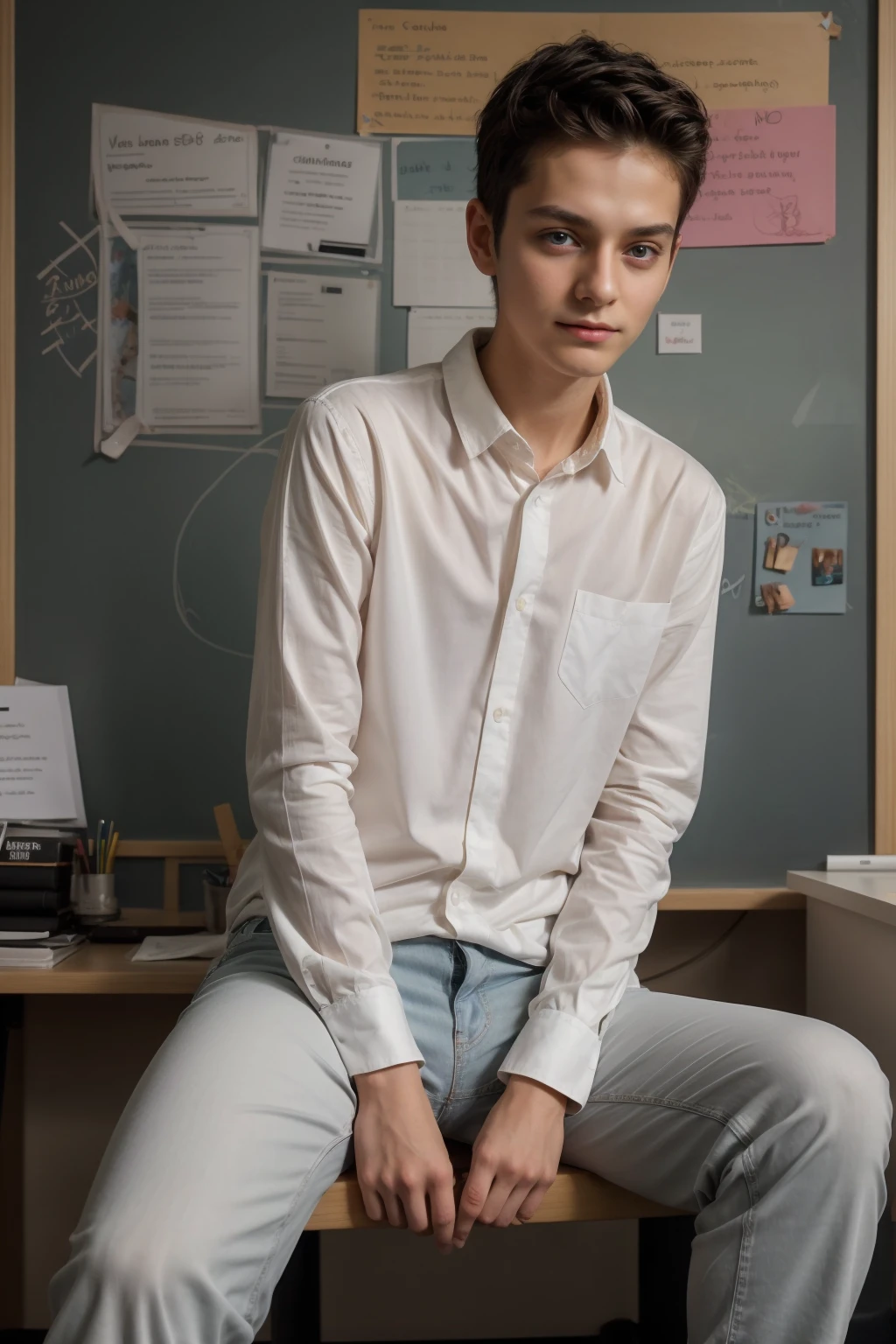A cute, beautiful, black-haired male twink is wearing a luxurious white long-sleeved shirt and jeans. He is in his office, and behind him is a blackboard with calculus written on it. He looks proudly, and his eyes have dark circles under them. He is sitting in his office and looks with a look of horror.