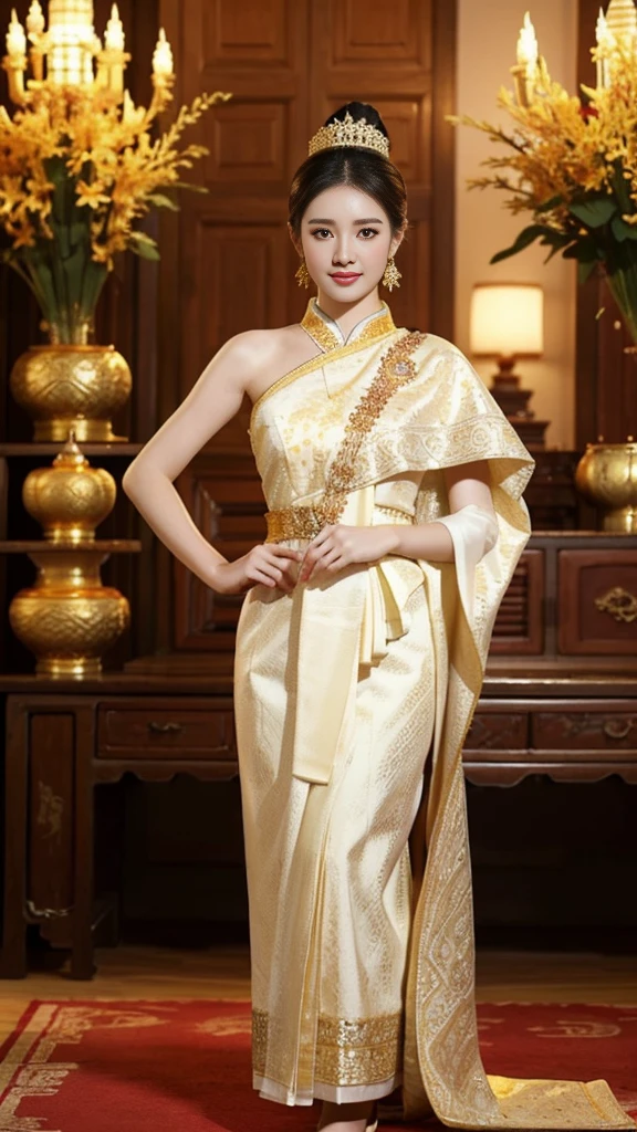 An insanely seductive Chinese actress in a white traditional Thai dress, Sukhothai costume, in style of Thawan Duchanee, beautiful and elegant, white royal dress, decorated with gold, Thai fine art, Thai pattern.