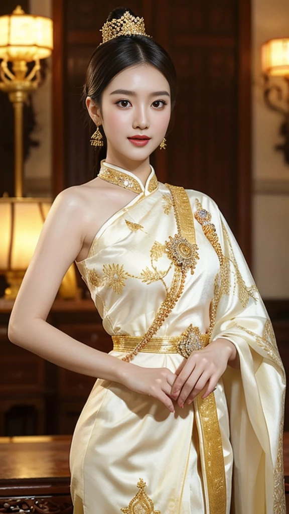 An insanely seductive Chinese actress in a white traditional Thai dress, Sukhothai costume, in style of Thawan Duchanee, beautiful and elegant, white royal dress, decorated with gold, Thai fine art, Thai pattern.