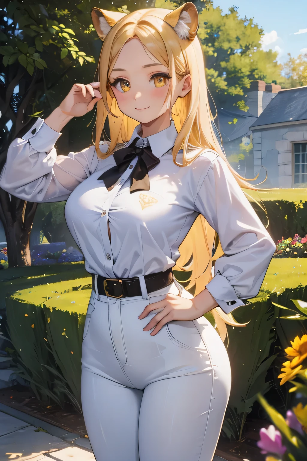 1 girl, single girl, cute, short brown-yellow hair, yellow eyes, big breasts, big hips, cheetah ears, cheetah tail, white blouse, wide brown pants, in a mansion, in a garden