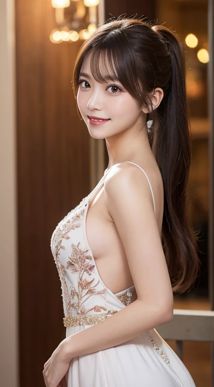 masutepiece, Best Quality, Illustration, Ultra-detailed, finely detail, hight resolution, 8K Wallpaper, Perfect dynamic composition, Beautiful detailed eyes, wearing evening gown,Ponytail Hair,Small breasts,  natural color lip, Bold sexy poses,Smile, full body shot、20 years girl、Cute、Sexy shot looking at camera