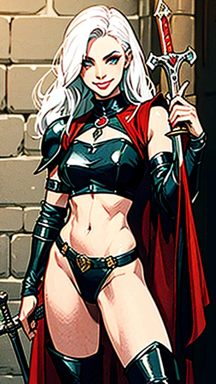 medieval rouge, girl, one armed, amputated arm, feat, white hair, fit, 18, smiling, holding a sword, wearing medieval leather armor