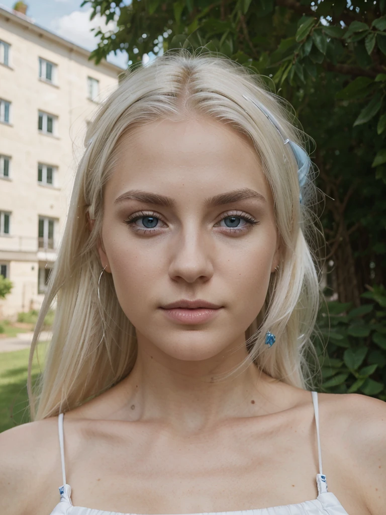 white northerner with platinum blonde hair, platinum subtle natural eyebrows and blue eyes. Fully dressed. No make up, selfie in the outdoor сзади советских домов. super realistic and detailed