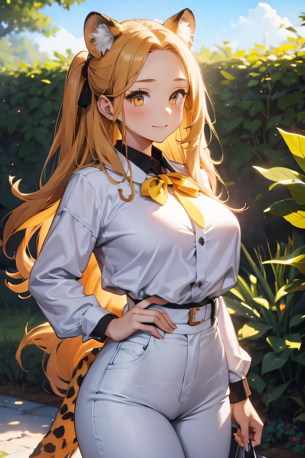1 girl, single girl, cute, long brown-yellow hair, yellow eyes, big breasts, big hips, cheetah ears, cheetah tail, white blouse, wide brown pants, in a mansion, in a garden