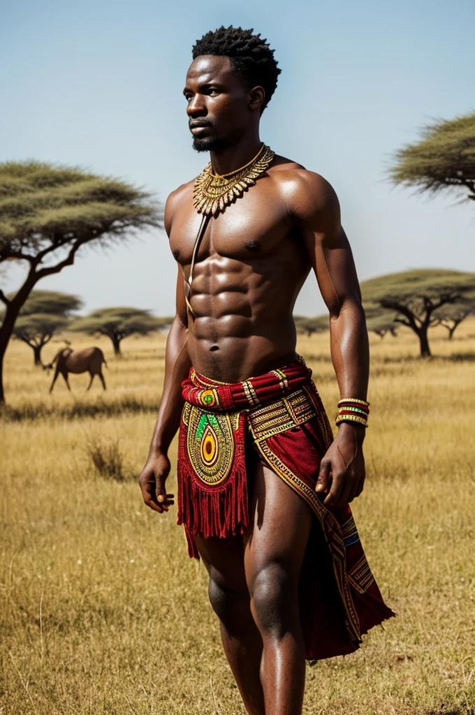 a strong and powerful african warrior in the african savannah