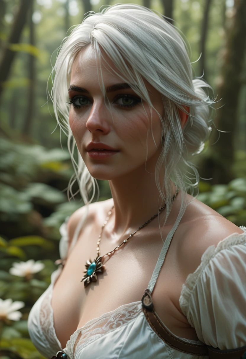 score_9, score_8_up, score_7_up, Ciri from "The Witcher" series races through an enchanted forest, teleporting with ease. Her fierce spirit and the mysterious powers that she wields captivate all who encounter her, her dynamic presence marked by her distinctive ashen hair and agile form.