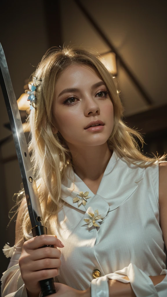 A girl holding a katana, yellow eyes, movie style, action scene from kill bill, holding iconic shot, amazing, Lumine (Genshin Impact), blonde hair, slim build, golden eyes and fair skin, Lumine is wearing a sleeveless white dress, a long white scarf, with blue patterns and lining. She wears long two-tone gloves covering only the thumb, dark on the wrists and white in length, and light bracers. Her hair is straight, cut in a short bob with bangs, with long shoulder-length strands in front. Her hair is decorated with flowers and feathers. glow, eye shadow, 1girl, Depth & Perspective, fine face, (ultra-high detail:1.2), Masterpiece, Best Quality, Ultra-detailed, Cinematic lighting, 8K, delicate features, cinematic, 35 mm lens, f/1.9, highlight lighting, global lighting –uplight –v 4, cinematic, intense gaze, Cinematic lighting, 8K, high quality, Highest Quality, (Solo Focus), (extremly intricate:1.3), (Realistic), dramatic, masterful, Analog style, (Film grain:1.5), (warm hue, cold tone),