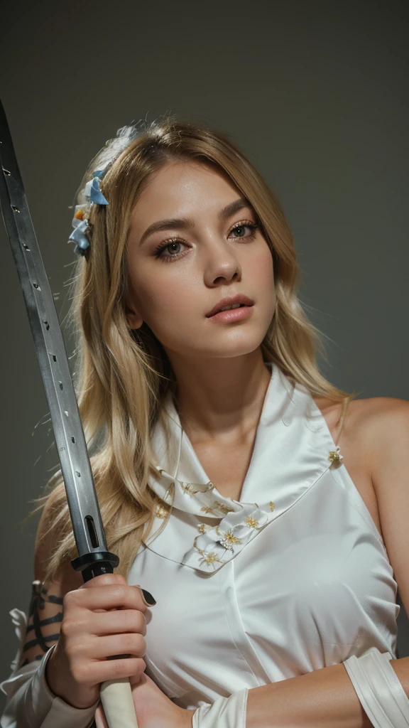 A girl holding a katana, yellow eyes, movie style, action scene from kill bill, holding iconic shot, amazing, Lumine (Genshin Impact), blonde hair, slim build, golden eyes and fair skin, Lumine is wearing a sleeveless white dress, a long white scarf, with blue patterns and lining. She wears long two-tone gloves covering only the thumb, dark on the wrists and white in length, and light bracers. Her hair is straight, cut in a short bob with bangs, with long shoulder-length strands in front. Her hair is decorated with flowers and feathers. glow, eye shadow, 1girl, Depth & Perspective, fine face, (ultra-high detail:1.2), Masterpiece, Best Quality, Ultra-detailed, Cinematic lighting, 8K, delicate features, cinematic, 35 mm lens, f/1.9, highlight lighting, global lighting –uplight –v 4, cinematic, intense gaze, Cinematic lighting, 8K, high quality, Highest Quality, (Solo Focus), (extremly intricate:1.3), (Realistic), dramatic, masterful, Analog style, (Film grain:1.5), (warm hue, cold tone),