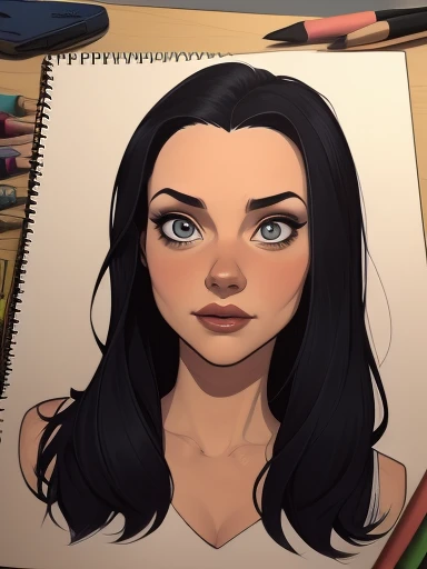 Personagem Christina Ricci cabelo preto estilo Morticia AddamsImagem de desenho animado de uma mulher .cartoon style illustration, estilo de arte dos desenhos animados, estilo de arte dos desenhos animados, digital illustration style, design de personagens altamente detalhado, arte digital detalhada fofa, City fan art, Design de personagens de retrato, beautiful digital illustration, retrato de alta qualidade, Arte em quadrinhos, jovem expressando desejo sexual.