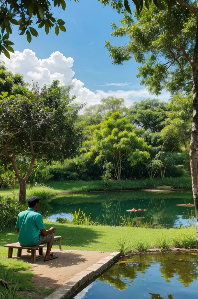 Cartoon picture of a man who is fishing near the pond in which a tree a mango tree is behind him and a two children of sitting behind him