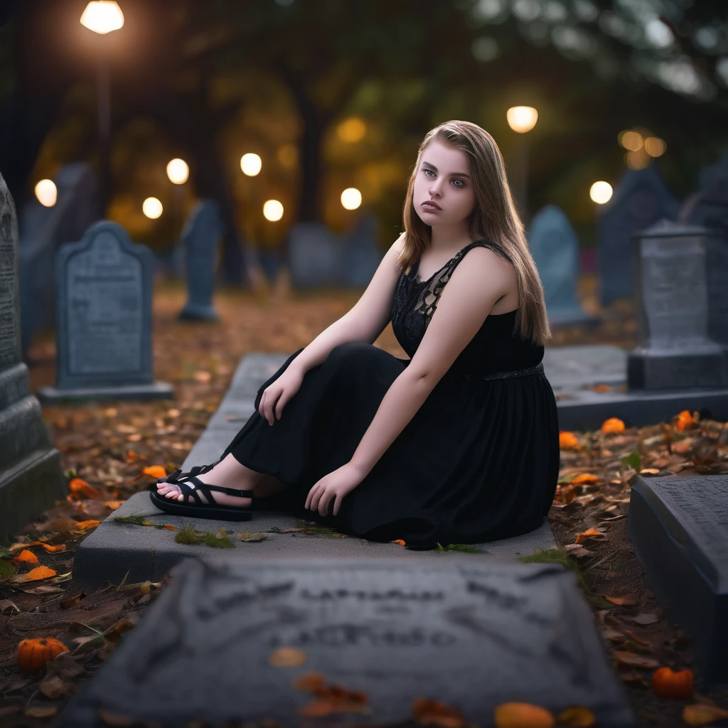 (masterpiece), (extremely intricate:1.3), (realistic), photo of a a bit chubby charming pale polish teen girl wearing a short black dress and black flip flops, (she sits on a grave), spooky graveyard at night, professional photograph of a stunning teen girl detailed, sharp focus, dramatic, award winning, cinematic lighting, volumetrics dtx, (film grain, blurry background, blurry foreground, bokeh, depth of field, night, motion blur:1.3), 4k, 8k, hd, hdr