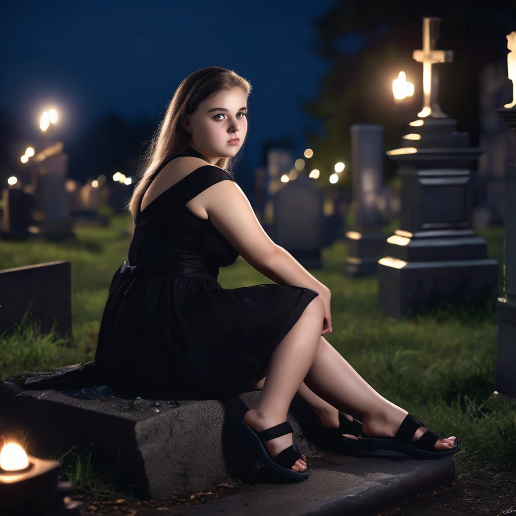 (masterpiece), (extremely intricate:1.3), (realistic), photo of a a bit chubby charming pale polish  girl wearing a short black dress and black flip flops, (she sits on a grave), spooky graveyard at night, professional photograph of a stunning teenl detailed, sharp focus, dramatic, award winning, cinematic lighting, volumetrics dtx, (film grain, blurry background, blurry foreground, bokeh, depth of field, night, motion blur:1.3), 4k, 8k, hd, hdr