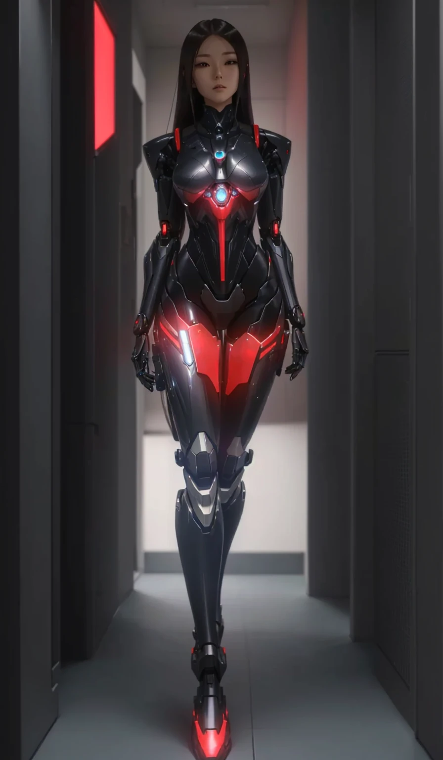 a woman in a futuristic suit standing in a hallway, cyber suit, girl in mecha cyber armor, cyber japan armor, gynoid cyborg body, cybersuits, cybersuit, high-tech red armor, cyber japan style armor, perfect anime cyborg woman, anime cyborg, clothed in cyber armour, gynoid body, cyber fight armor, cyber armor