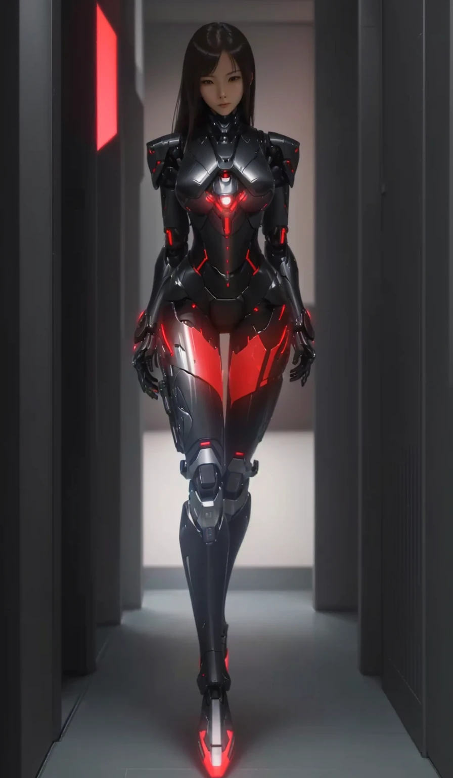 a woman in a futuristic suit standing in a hallway, cyber suit, girl in mecha cyber armor, cyber japan armor, gynoid cyborg body, cybersuits, cybersuit, high-tech red armor, cyber japan style armor, perfect anime cyborg woman, anime cyborg, clothed in cyber armour, gynoid body, cyber fight armor, cyber armor