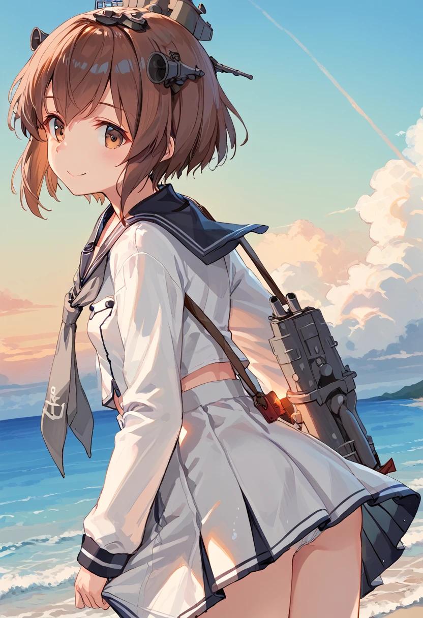 score_9,score_8_up,score_7_up,source_anime,cowboy shot,masterpiece,best quality,details background,extremely detailed,1girl,1girl,yukikaze (kancolle), brown hair, brown eyes,small breasts,short hair, sailor dress,dress,sailor collar,long sleeves,neckerchief,grey neckerchief,white dress,black sailor collar,day break,look back,sea