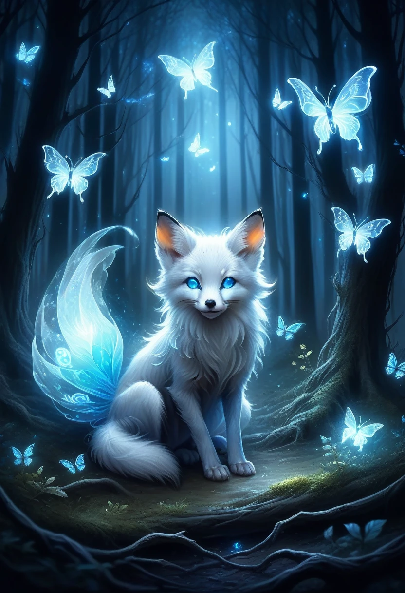 spirit animal, score_9, score_8_consolation, score_7_consolation, score_6_consolation, score_5_consolation, score_4_consolation, ethereal ghost baby fox, Beloved, cartoon character, glowing blue eyes, glowing butterflies, fantasy forest at night time, realistic, very detailed, There are no humans