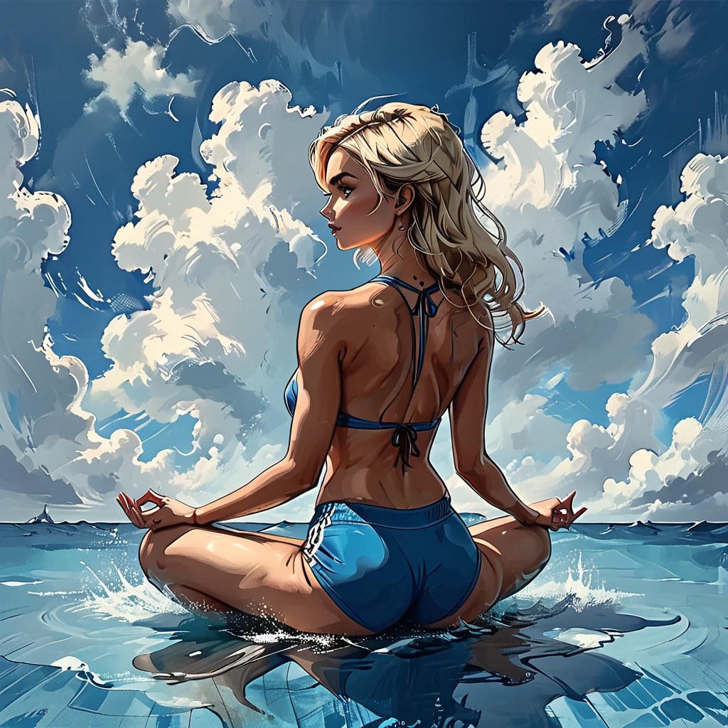 
((back view)), girl sitting in lotus pose on the surface of the water against the background of clouds, 
turned around, turn about, surprise,
 sitting on the water, back view girl sits in the lotus position, cloud, sea line, only water and clouds,
girl in blue Half top wrestler and blue Elastic shorts turn about,, adult, [Nordic], Hourglass elongated fitness body, perfect Olive skin, Oval Face, Long neck, Rounded shoulders, perfect hand,  Attached Pointed ears, round forehead, (Short blonde Waves pixie hair), snub nose, Arched eyebrows, Monolid blue Eyes, High Round Narrow cheekbones, Dimpled Cheeks, Rounded Chin, Rounded Jawline, Fine Puppet Wrinkles, Full nude Lips, (blue eyes), Nude Makeup Look, long eyelashes, Profile Angle, bare broad shoulders, Sagittal Plane Curves, blades shoulders, spinal line, well trained back, fitness round ass, back dimples,    
 graphic style of novel comics, 
2d, 8k, iMax, hyperrealism, masterpiece, high resolution, best quality, ultra-detailed, super realistic, Hyperrealistic art, high-quality, ultra high res, highest detailed, lot of details, Extremely high-resolution details, incredibly lifelike, colourful, 