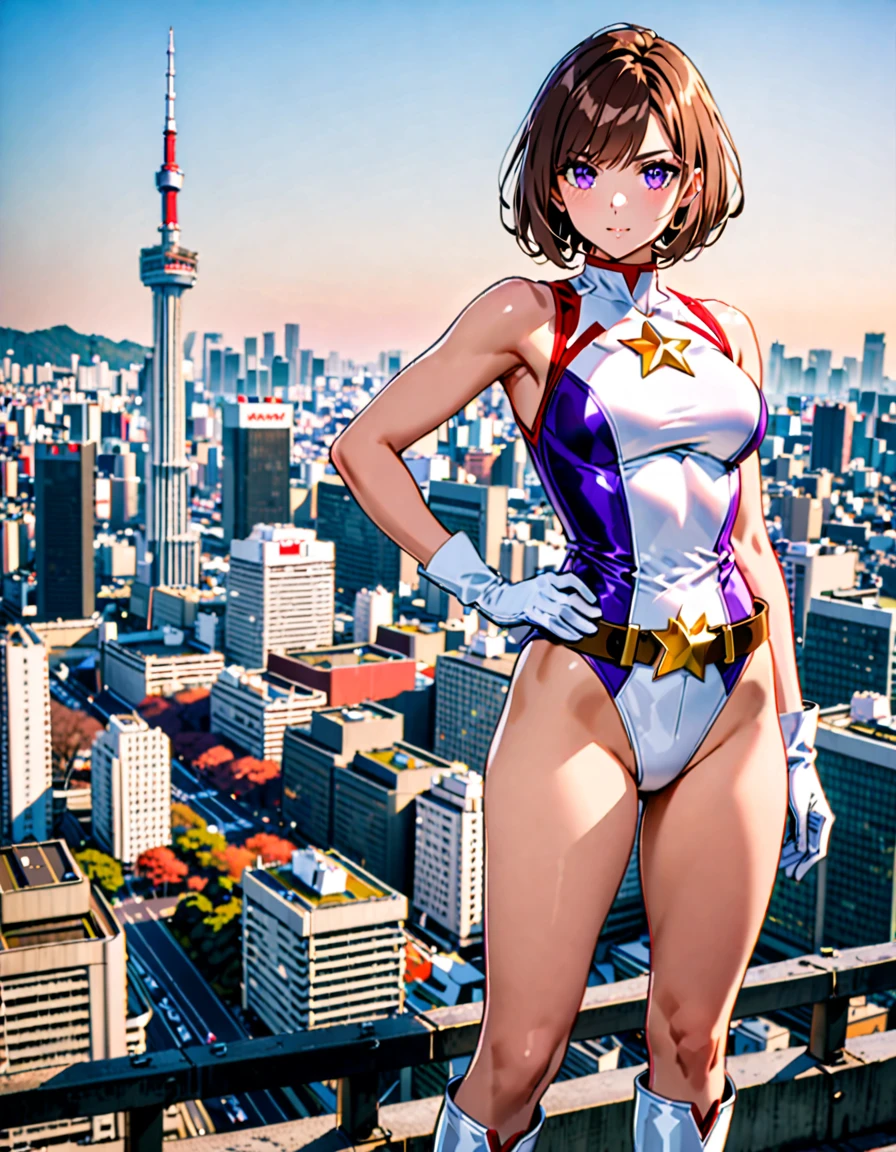 (masterpiece), (best quality), (high res), medium breasts, ((leotard, white and red leotard, matching leotard, sleeveless, bare legs)), ((tight belt, gold belt)), ((boots, matching boots, ankle-high boots, white boots)), ((gloves, white gloves)), city backdrop, tokyo city backdrop, solo, solo focus, standing, (full body), cowboy shot, superhero, ((beautiful detailed eyes)), ((gold star symbol on chest)), (brown hair, medium hair, bob hair, purple eyes), (perfect hands, perfect anatomy), cowboy shot, superhero, ((beautiful detailed eyes)), (one hand on hip), full body costume design.