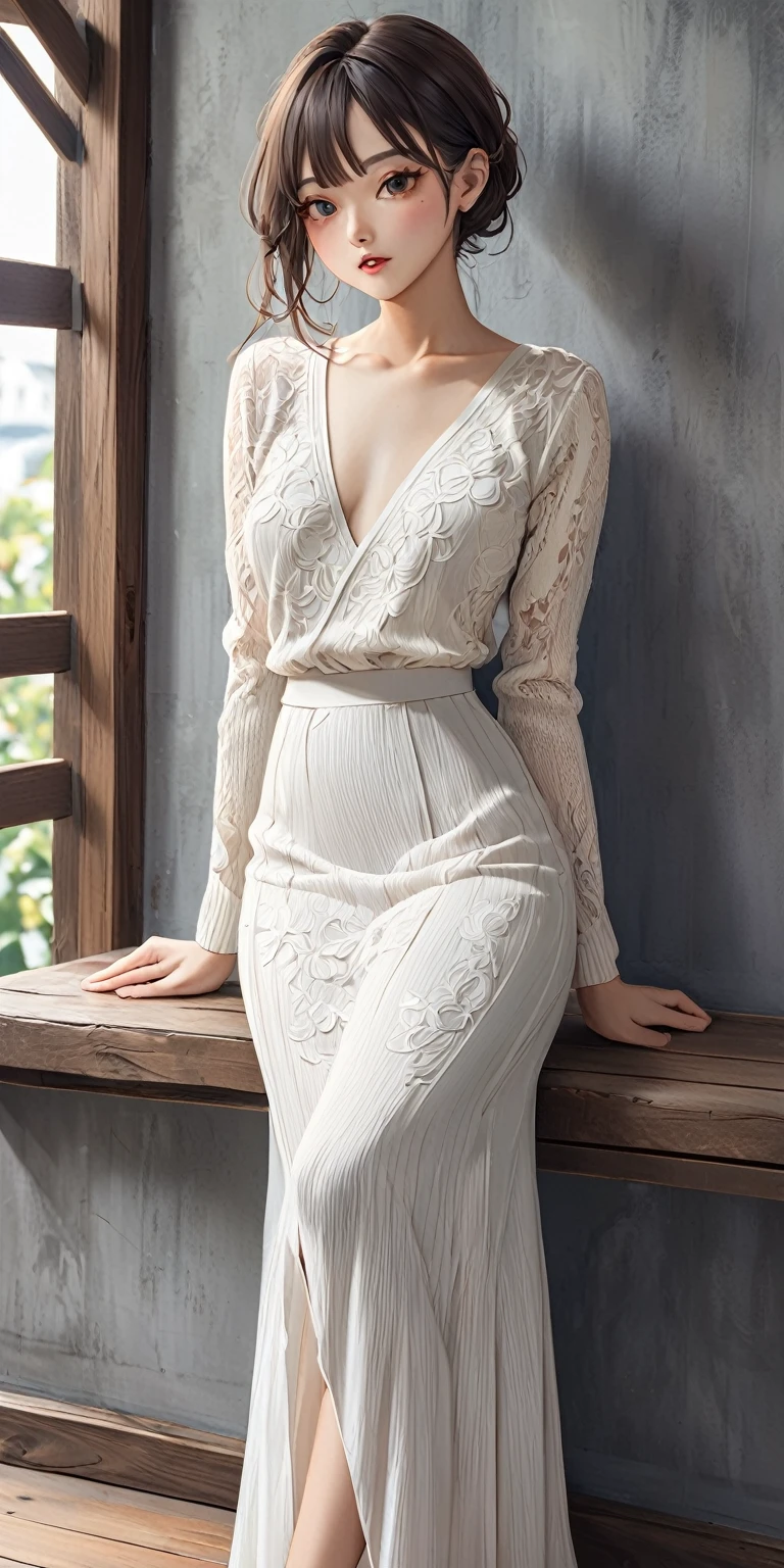 (masterpiece,Highest quality,Ultra-high resolution),Japanese women, (((Very beautiful 25 year old girl))),(Mermaid-style high-waisted long skirt)、The skirt is ankle-length、The skirt fits snugly to the body、Long sleeve sweater、Back view
