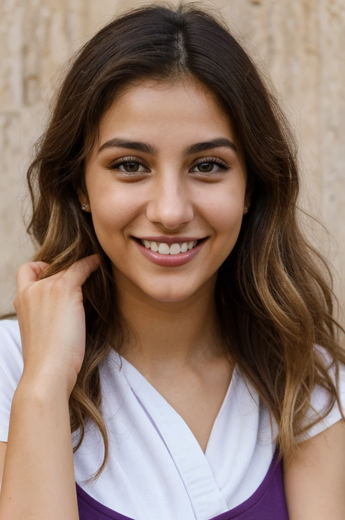 24YO,one attractive Jordanian women, purple shirt, cute smile, cute face, white teethes, skinny face, light brown eyes, small nose, black/blonde long hair