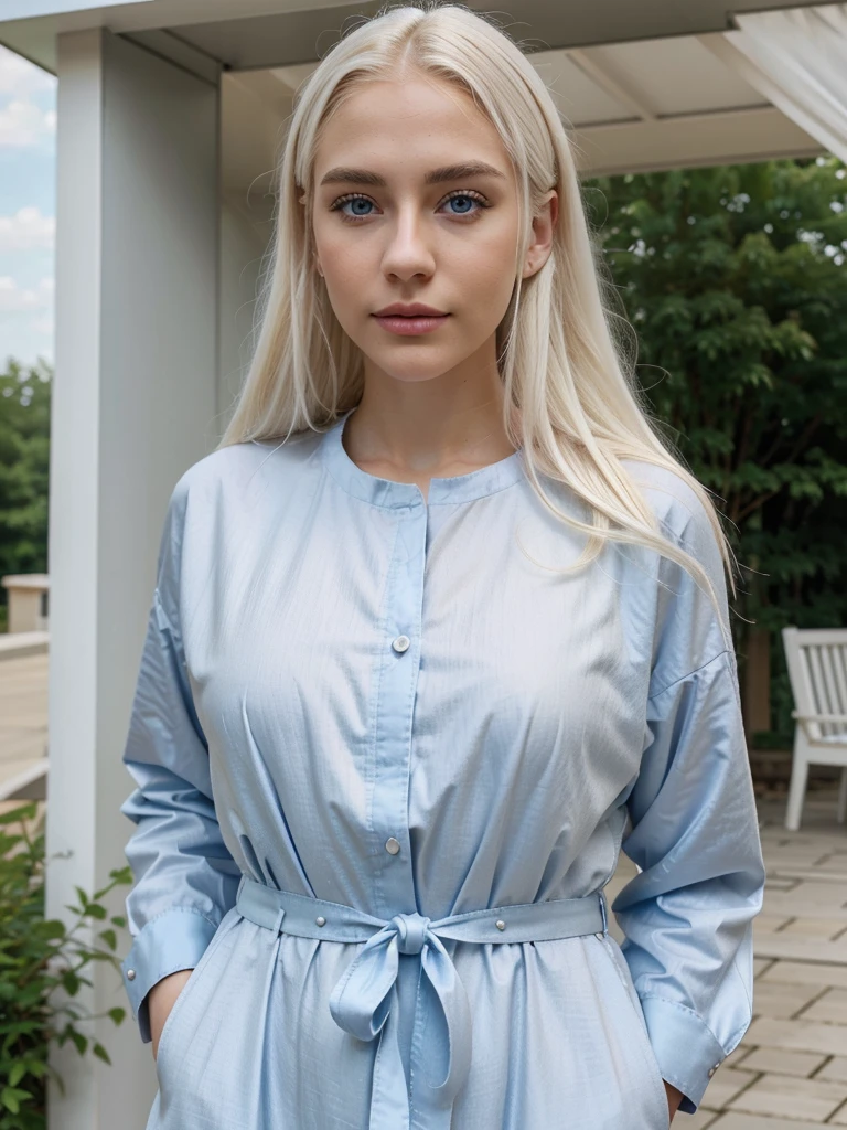 white northerner with platinum blonde hair, platinum subtle natural eyebrows and blue eyes. Fully dressed. No make up, selfie in the outdoor. super realistic and detailed