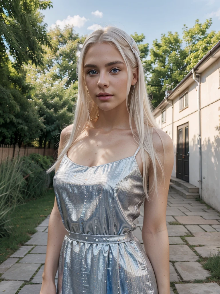white northerner with platinum blonde hair, platinum subtle natural eyebrows and blue eyes. Fully dressed. No make up, selfie in the outdoor сзади советских домов. super realistic and detailed