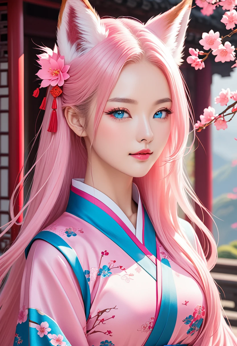woman, light pink long hair without bangs, open forehead, thin pink lips, bright blue eyes Chinese clothing style Pink fox ears, Pink foxtail